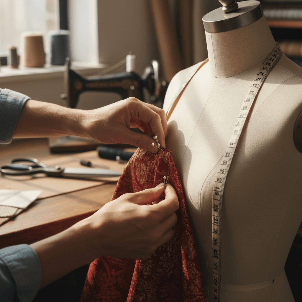 Tailor pinning a sample garment on a dress form in a workroom