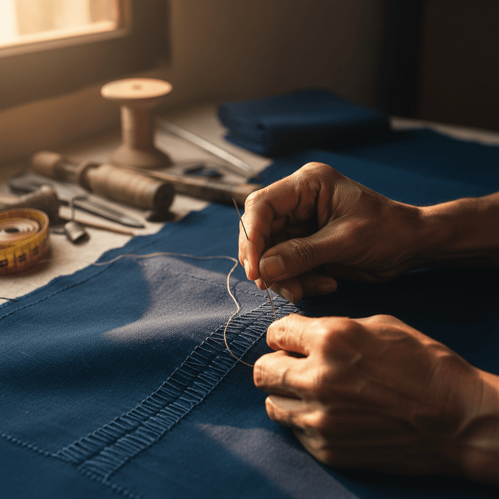 Professional seamstress inspecting handmade resortwear in a Mumbai garment factory with natural light