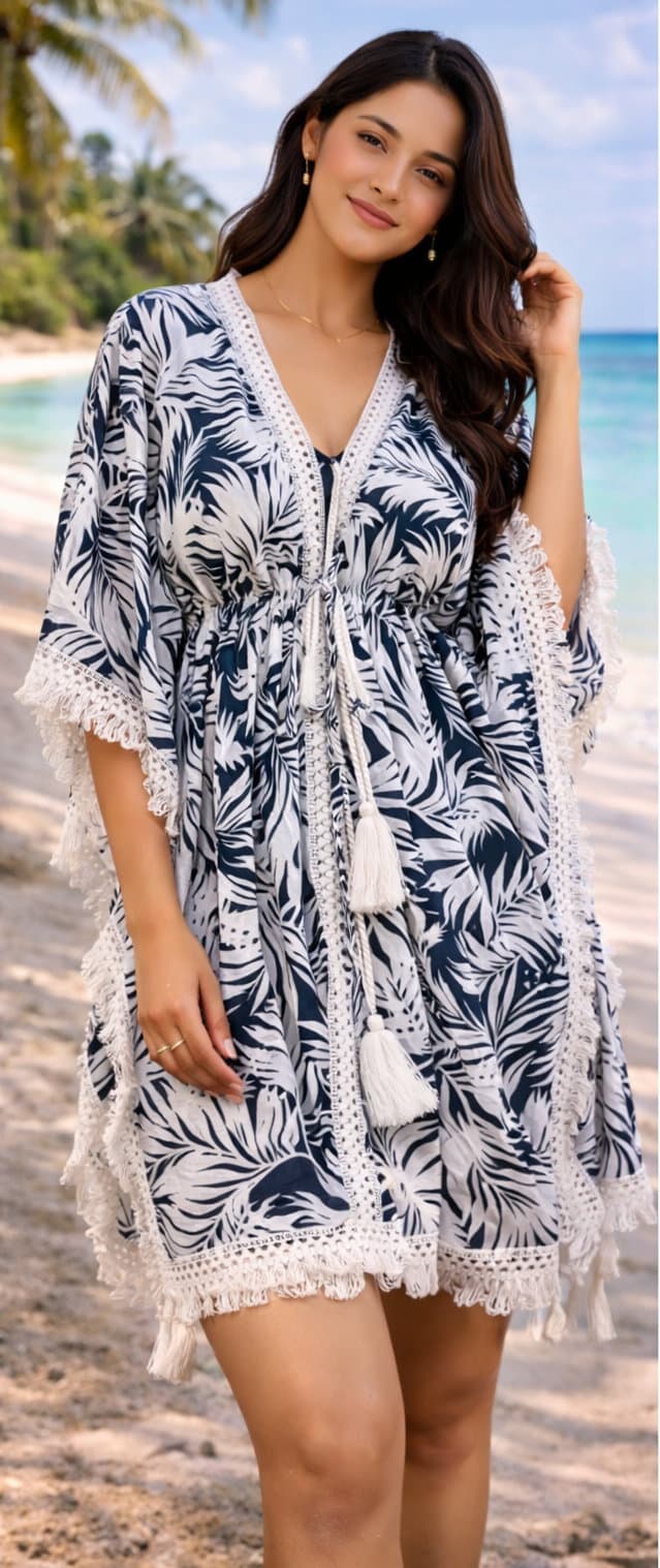 Woman wearing a blue and white palm print kaftan with tassels on a tropical beach.